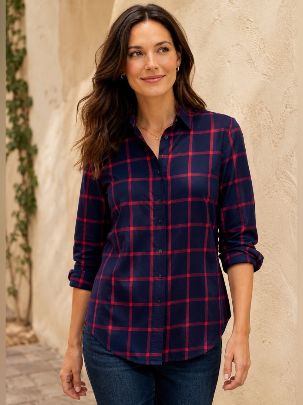 Lands’ End 18T Tall Navy Red Windowpane Plaid No Iron Cotton Shirt